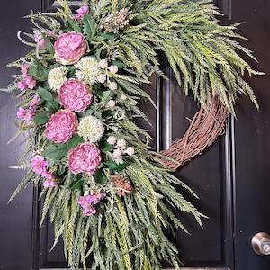 Cascading Peony Grapevine Wreath: Farmhouse Spring Summer Door Decor