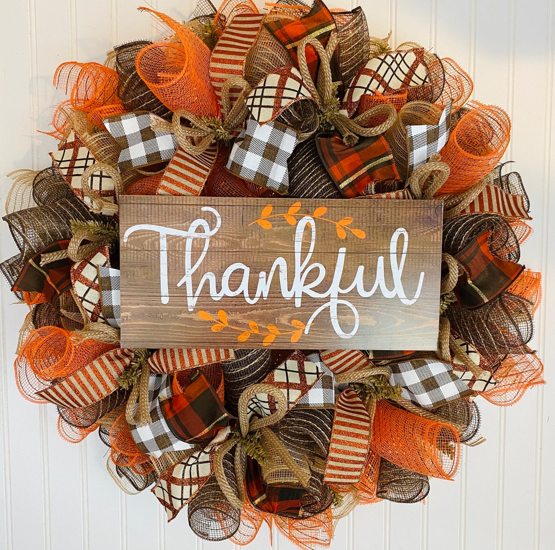 Fall Thanksgiving Deco Mesh Front Door Wreath - Orange Brown Burlap ...