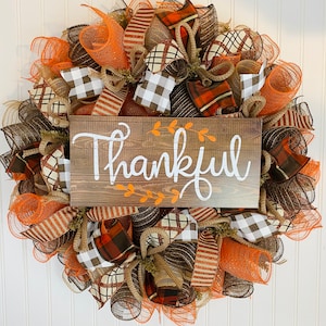 Fall Thanksgiving Deco Mesh Front Door Wreath - Orange Brown Burlap Wreath for Fall - Burlap Thanksgiving wreath Harvest wreath - fall
