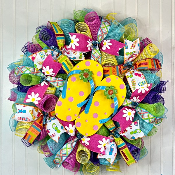 Summer Wreath, summer Swag, summer Decorations, summer Decor, Spring Wreath, summer Door Decor, flip flops Wreath,  Swag, wreath for summer