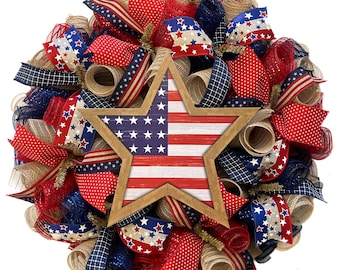 Patriotic Wreath, Americana Wreath for front door, 4th of July, Mesh Wreath, Summer Wreath
