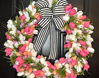 Spring Tulip Wreath: Pink Floral Door Decor, Farmhouse Style