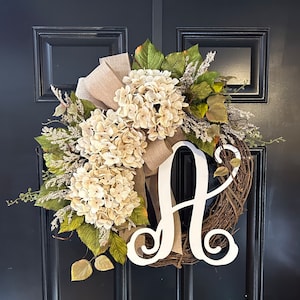 Hydrangea Grapevine Wreath: Personalized Monogram Door Decor