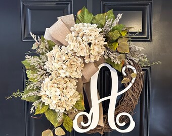Hydrangea Grapevine Wreath: Personalized Monogram Door Decor