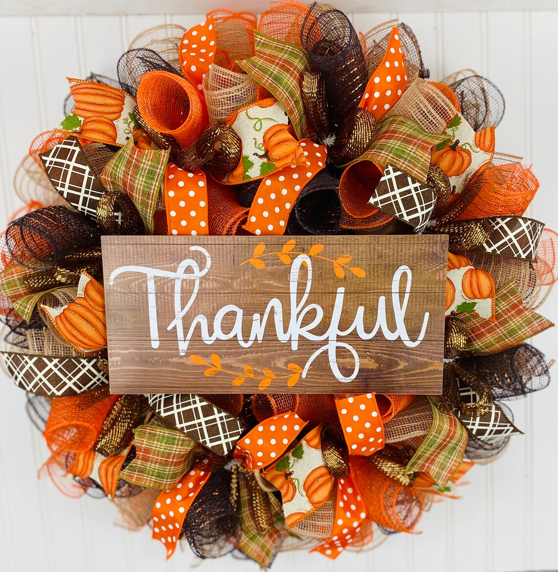 Fall Thanksgiving Deco Mesh Front Door Wreath - Orange Brown Burlap ...
