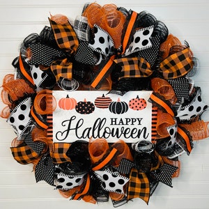 Halloween Wreath, Halloween Wreaths for Front Door, Front Door Wreath, buffalo plaid wreath, orange and black wreath for Halloween