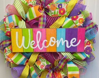 Rainbow welcome wreath for front door, summer wreath, front door wreath, rainbow welcome wreath, spring decor, summer decor