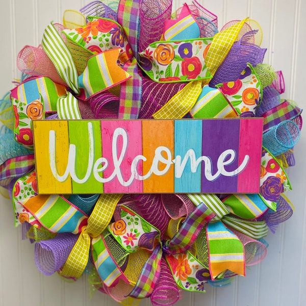 Rainbow welcome wreath for front door, summer wreath, front door wreath, rainbow welcome wreath, spring decor, summer decor