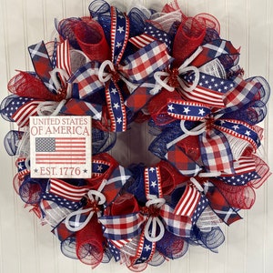 Red White Blue Wreath, 4th of July Wreath, Independence Day Decor, Memorial Day, Patriotic Wreath, Flag Wreath, Summer Front Door Wreath
