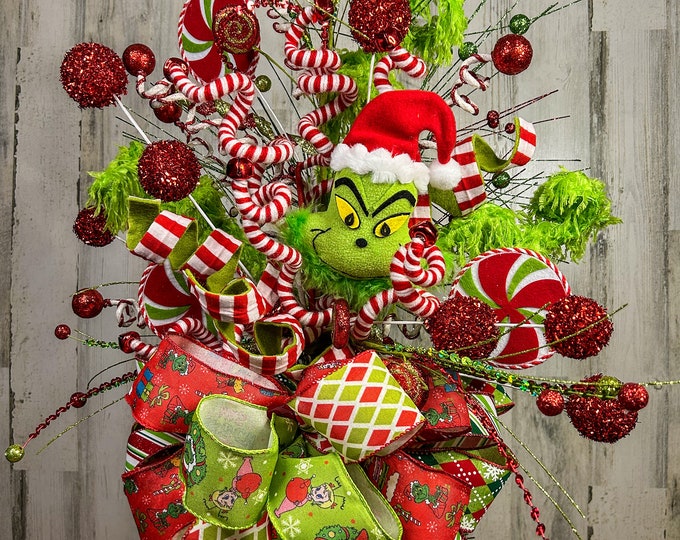 Extra Large Grinch Christmas Tree Topper, Large Grinch Bow, Decorated