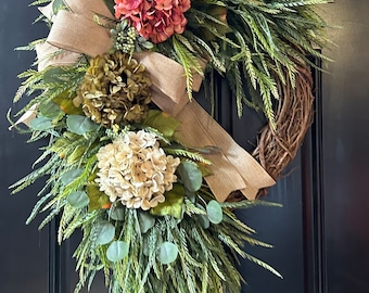 Hydrangea Wreath: Farmhouse Front Door Decor, Year Round Wreath