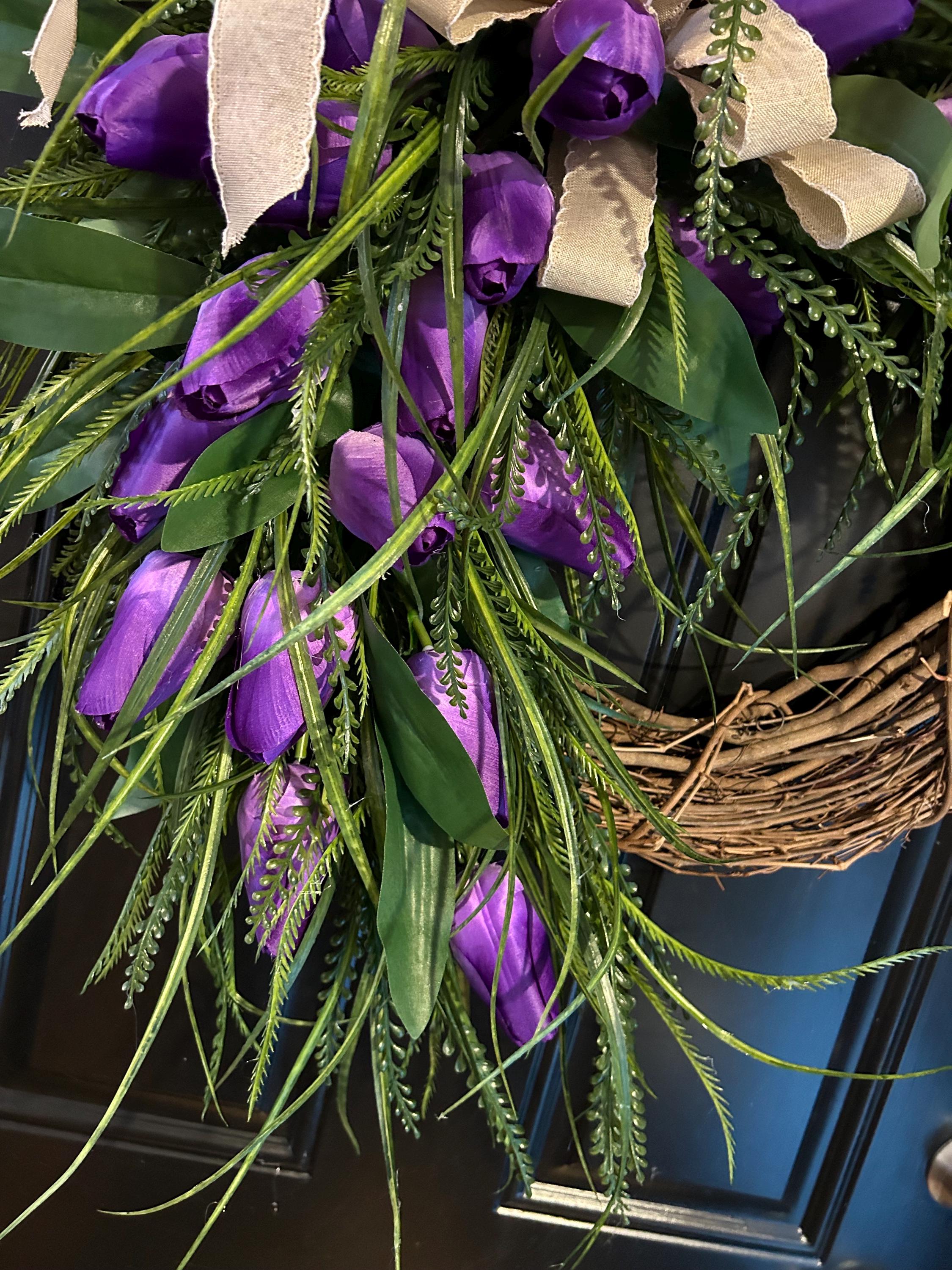 Purple Tulip Spring Wreath for Front Door, Grapevine Floral Door Wreath ...