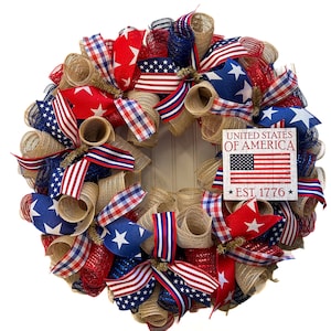Patriotic Wreath: Red White & Blue Deco Mesh, 4th of July Decor