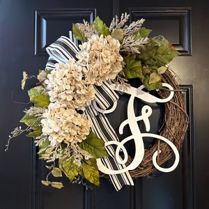 Hydrangea Grapevine Wreath with Monogram - Front Door Decor