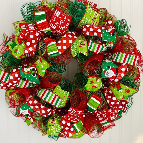 Christmas wreath, Christmas wreaths, whimsical Christmas wreath for front door, Santa Claus wreath, Santa wreath, red and green Christmas
