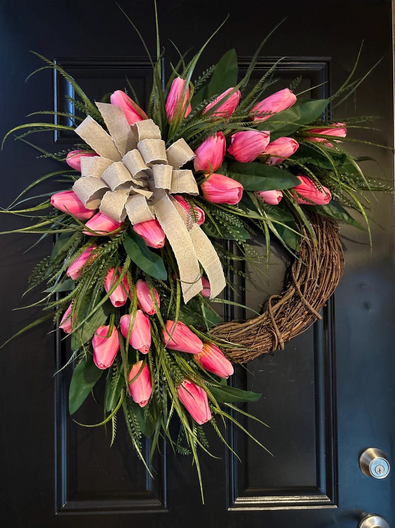 Pink Tulip Spring Wreath for Front Door, Grapevine Floral Door Wreath ...