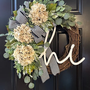 Wreath for Front Door Year Round - Gift - Outdoor Spring Hydrangeas Wreath with Monogram - All Season Grapevine Wreath with Initial, decor
