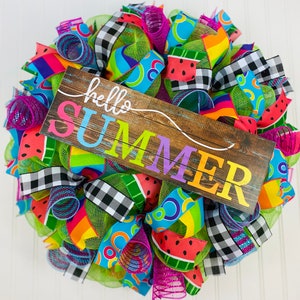 Summer wreath, watermelon door wreath, summer wreaths for front door, Buffalo check wreath for front door, summer door hanger, mesh wreath