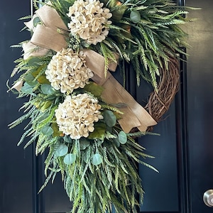 Spring Wreaths, Year Round Wreath, Everyday Wreaths, Hydrangea Wreath, Front Door Wreaths, Farmhouse Decor, Housewarming Gift