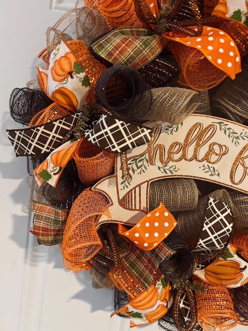 Fall Thanksgiving Mesh Front Door Wreath - Orange Brown Burlap Wreath ...