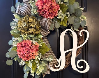 Hydrangea Grapevine Wreath: Personalized Monogram Door Decor
