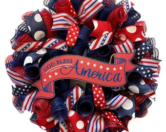 Patriotic Grapevine Wreath for Front Door, July 4th Red White Blue ...