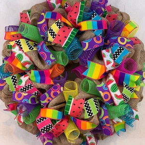 Summer wreath, colorful summer wreath, summer polka dot wreath, colorful burlap summer wreath, watermelon wreath for front door, summer door