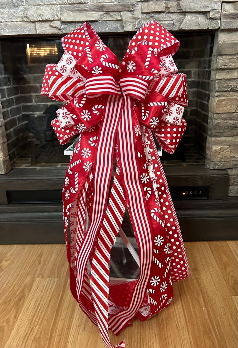 Red and White Christmas Tree Topper Bow, Peppermint Christmas Tree Bow ...