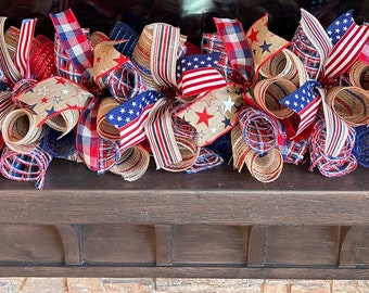Patriotic Ribbon Garland, Summer Mantel Swag, July 4th Decor