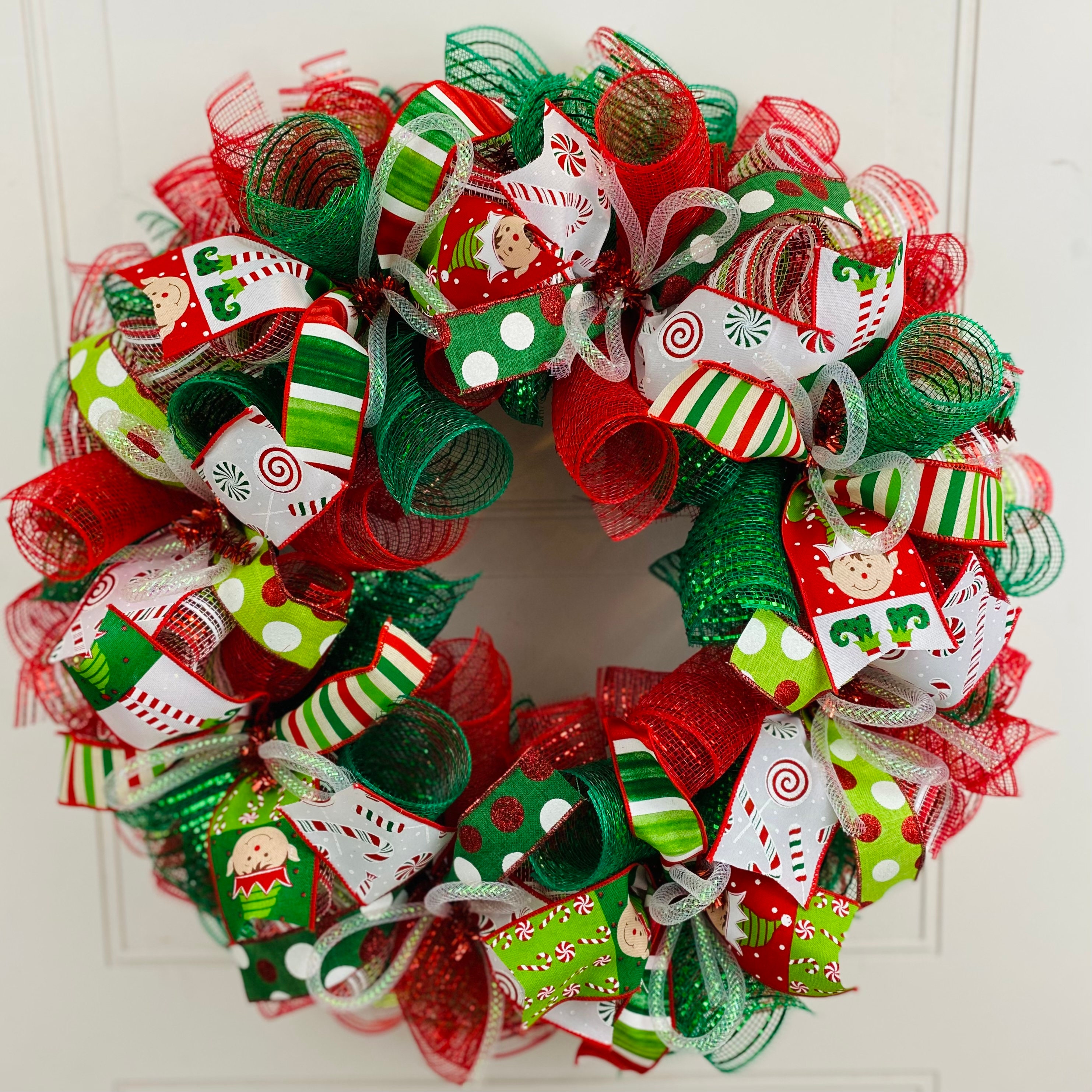 Red and Green Mesh Christmas Wreath, Holiday Decor - Etsy