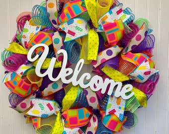 Rainbow welcome wreath for front door, summer wreath, front door wreath, rainbow welcome wreath, spring decor, summer decor