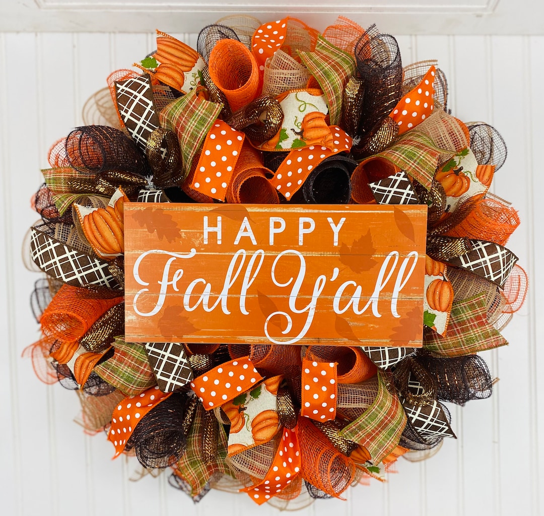 Fall Thanksgiving Deco Mesh Front Door Wreath - Orange Brown Burlap ...