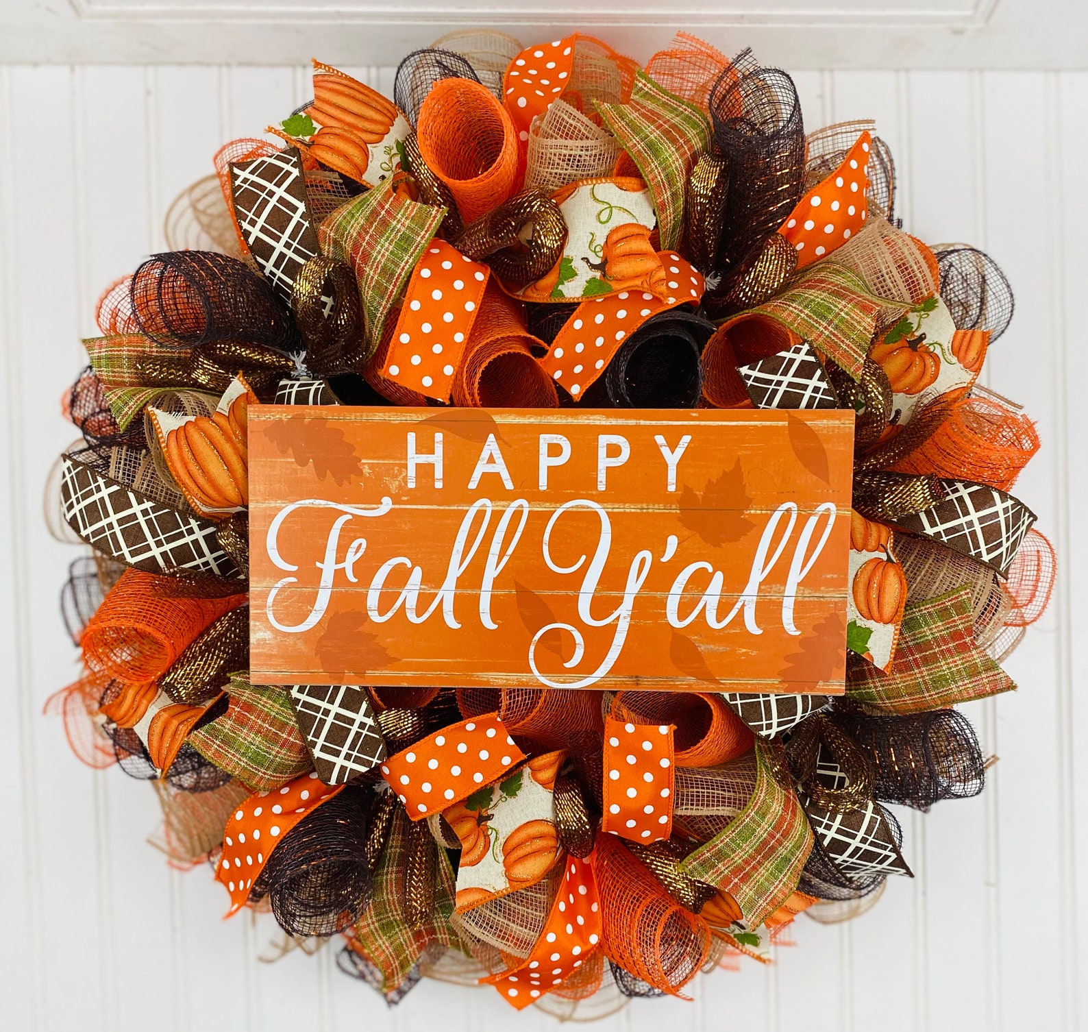 Fall Thanksgiving Deco Mesh Front Door Wreath - Orange Brown Burlap ...