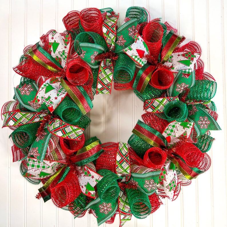 Christmas Front Door Wreath, Red and Green Deco Mesh, Holiday Decor - Etsy