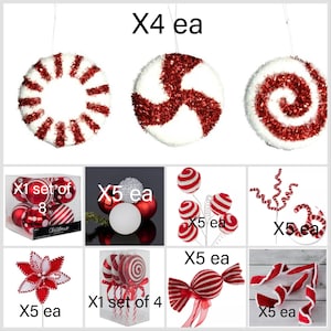 Peppermint candy Christmas tree bundle, red and white Christmas tree decorations, peppermint ornaments for Christmas tree, peppermint decor
