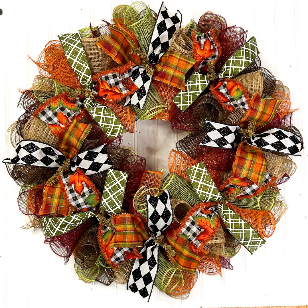 Fall Thanksgiving Mesh Front Door Wreath - Orange Brown Burlap Wreath ...