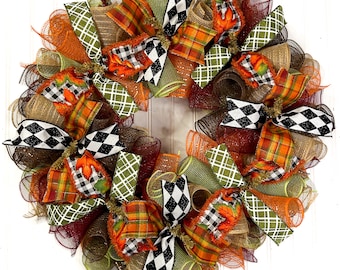 Fall Mesh Front Door Wreath – Orange Burlap Thanksgiving Decor