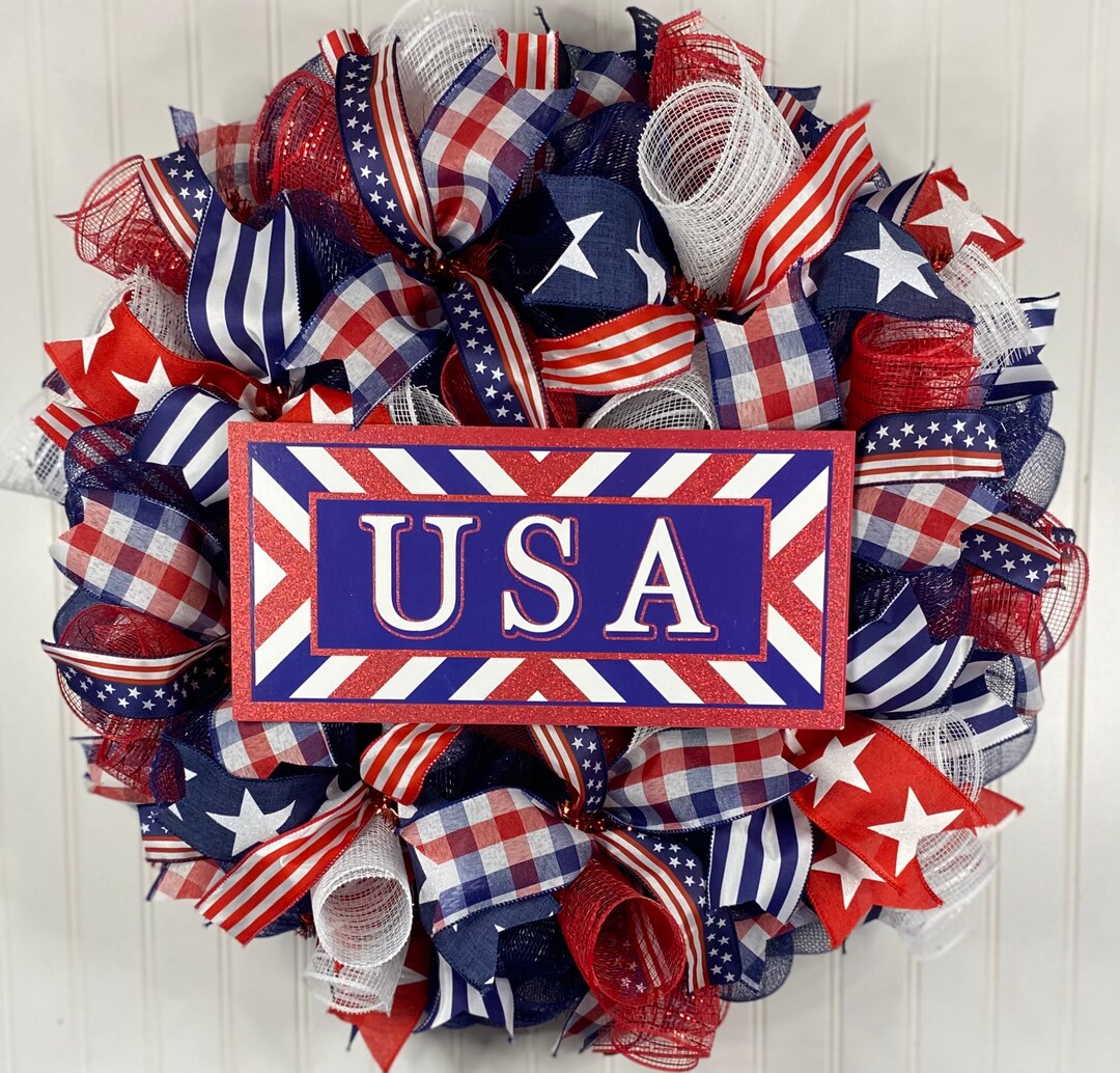 Patriotic Red White and Blue Mesh Wreath/4th of July Wreath/red White ...