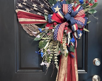 Patriotic Wreath, Americana Wreath for front door, Patriotic Flag Wreath, Red White Blue Door Hanger, Summer Independence Day Decor