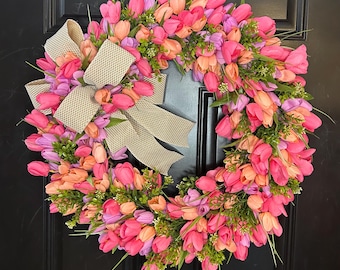 Pink Tulip Wreath with Boxwood: Spring Front Door Decor