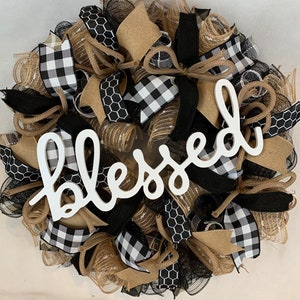 Farmhouse black and white Buffalo plaid burlap wreath, Buffalo check wreath, blessed wreath, fall wreath, everyday wreaths for front door