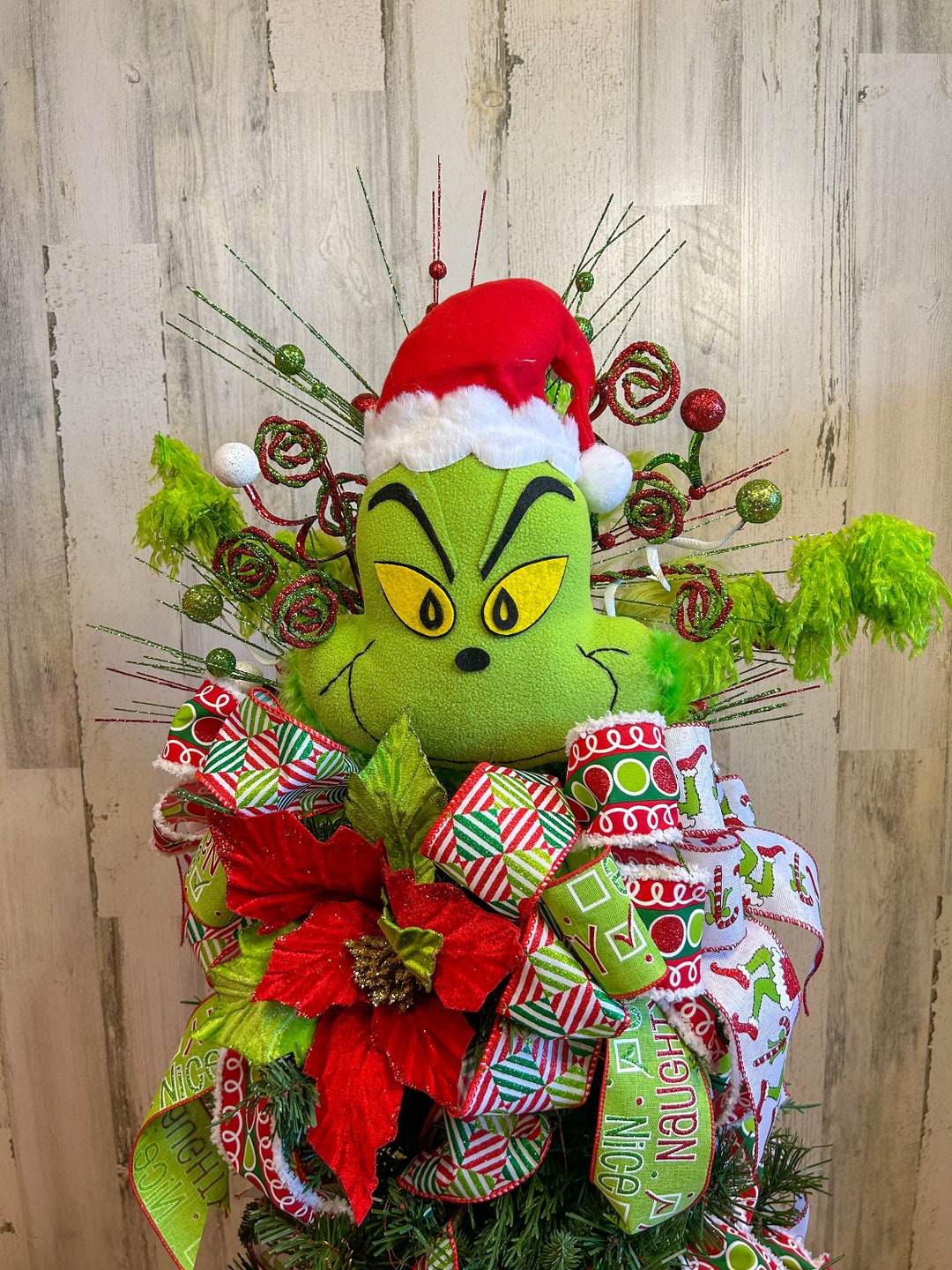 Grinch Christmas Tree Topper, Poinsettia Bow Decor - Etsy