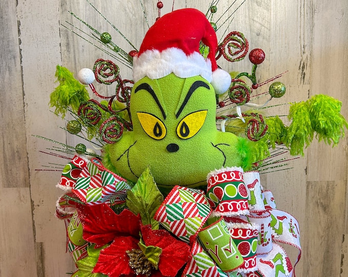 Lime Green and Red Grinch Head Tree Topper for Christmas Treegrinch Leg
