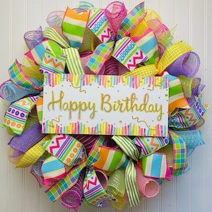 Birthday wreath for front door - happy birthday decor - happy birthday wreath - birthday wreaths - Buffalo check birthday door decorations