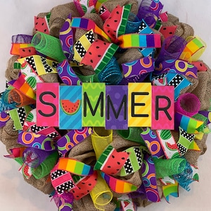 Colorful Summer Door Wreath, Burlap & Deco Mesh, Summer Decor
