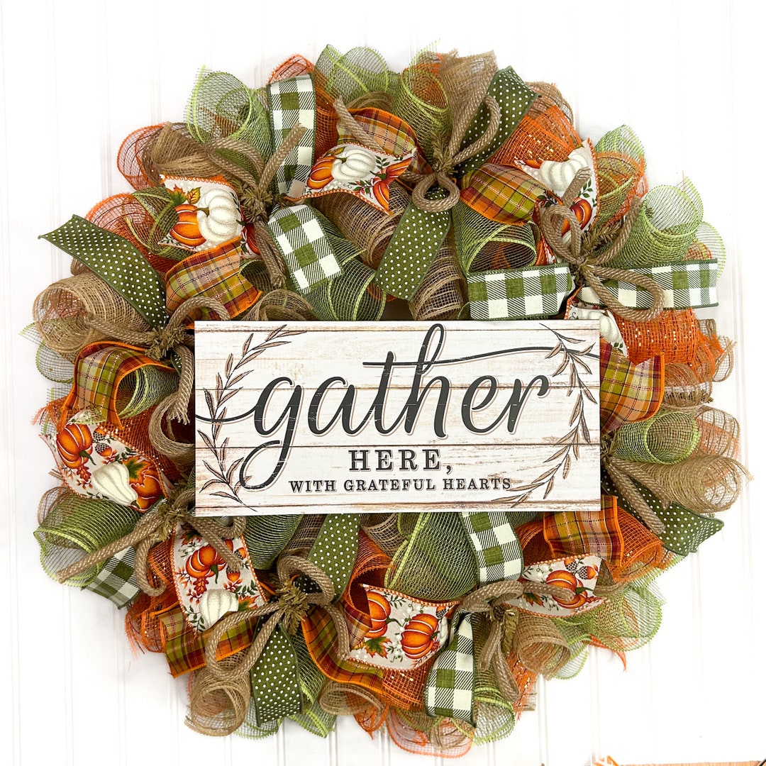 Fall Thanksgiving Mesh Front Door Wreath - Orange Burlap Wreath for ...