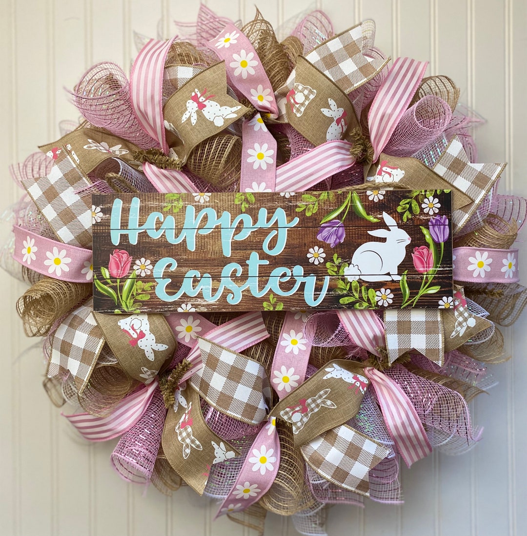 Farmhouse Easter Wreaths for Front Door / Pink Burlap Spring