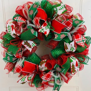 Christmas wreath - holiday wreath - red and green Christmas decor - Christmas mesh wreath for front door - holiday wreath for front door