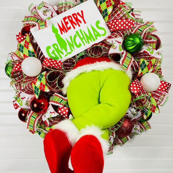 Grinch wreath, grinch Christmas wreath, grinch decor, grinch wreaths, Christmas wreaths for front door, grinch, merry grinchmas wreath