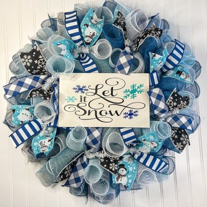 Let it snow deco mesh wreath/Christmas wreath/ snowman wreath/holiday wreath/blue and white winter wreath/ wreath for front door